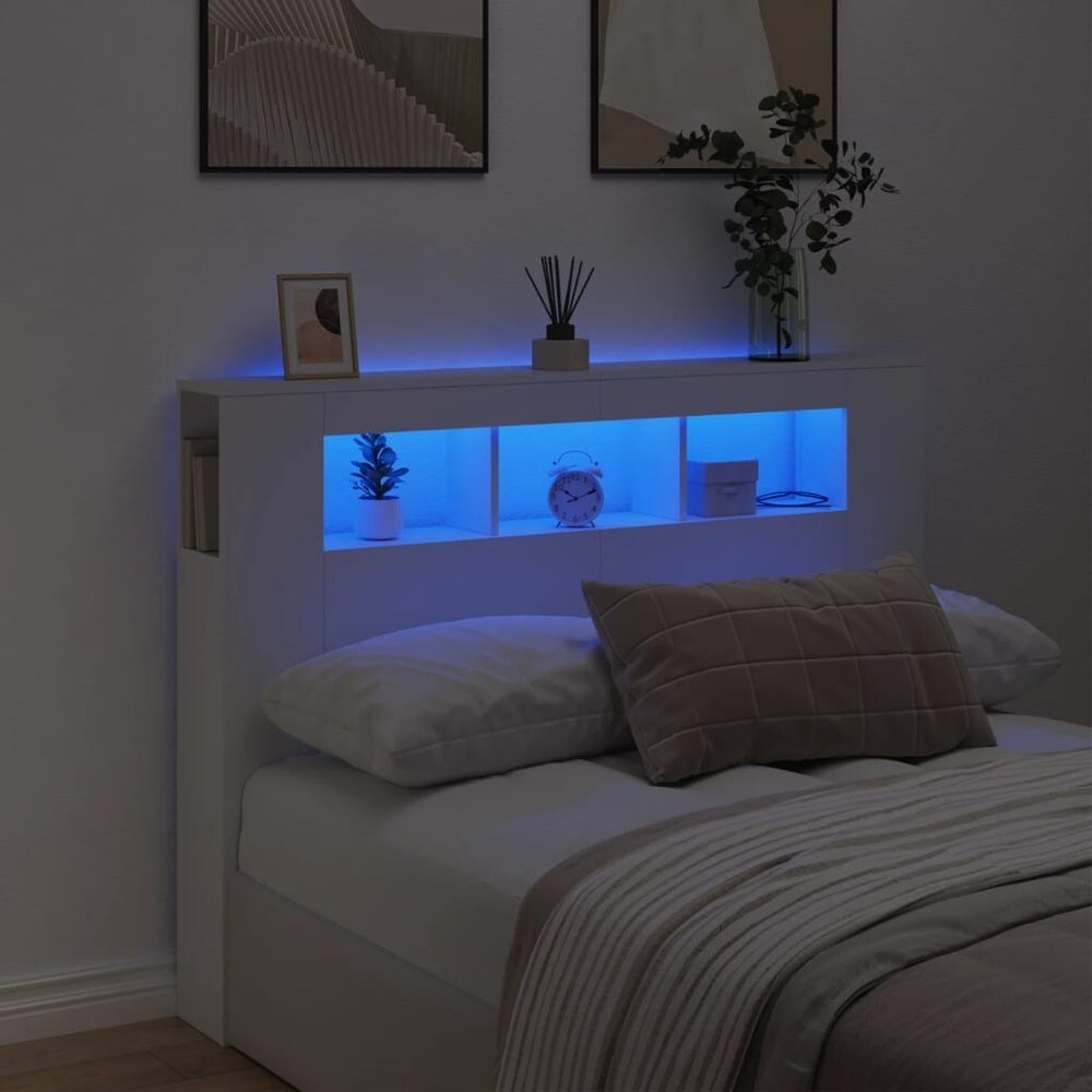 Sängynpääty LED-valolla 140×18,5×103,5 cm / pääty RGB-valaistuksella ja laskutasolla – Valkoinen