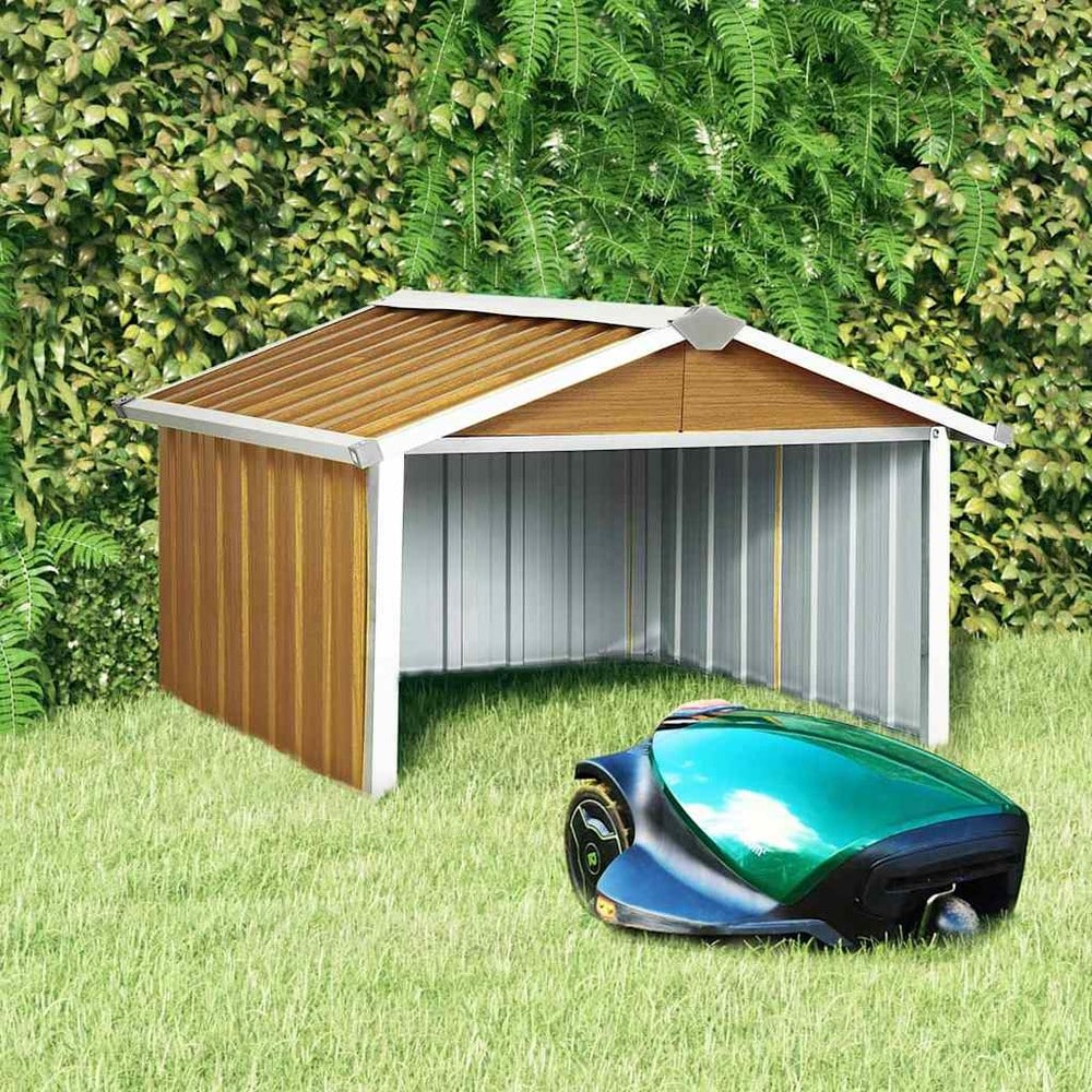 vidaXL Robottiruohonleikkurin autotalli 92 x 97 x 63 cm, galvanoitu teräs, ruskea puujäljitelmä