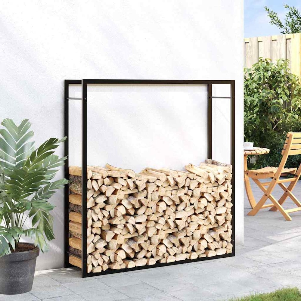 vidaXL Polttopuuteline 110 x 28 x 116 cm, jauhemaalattu teräs, mattamusta