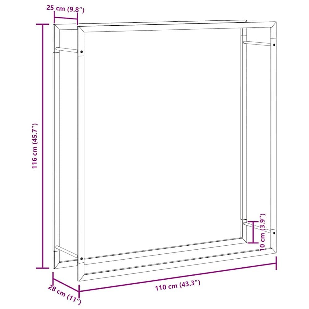 vidaXL Polttopuuteline 110 x 28 x 116 cm, jauhemaalattu teräs, mattamusta
