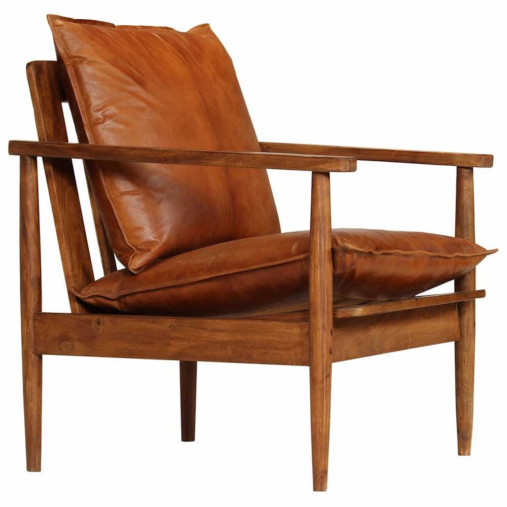 Nojatuoli aidosta nahasta ja akaasiapuusta 52×65×72 cm / retro nahkatuoli / lepotuoli – Ruskea