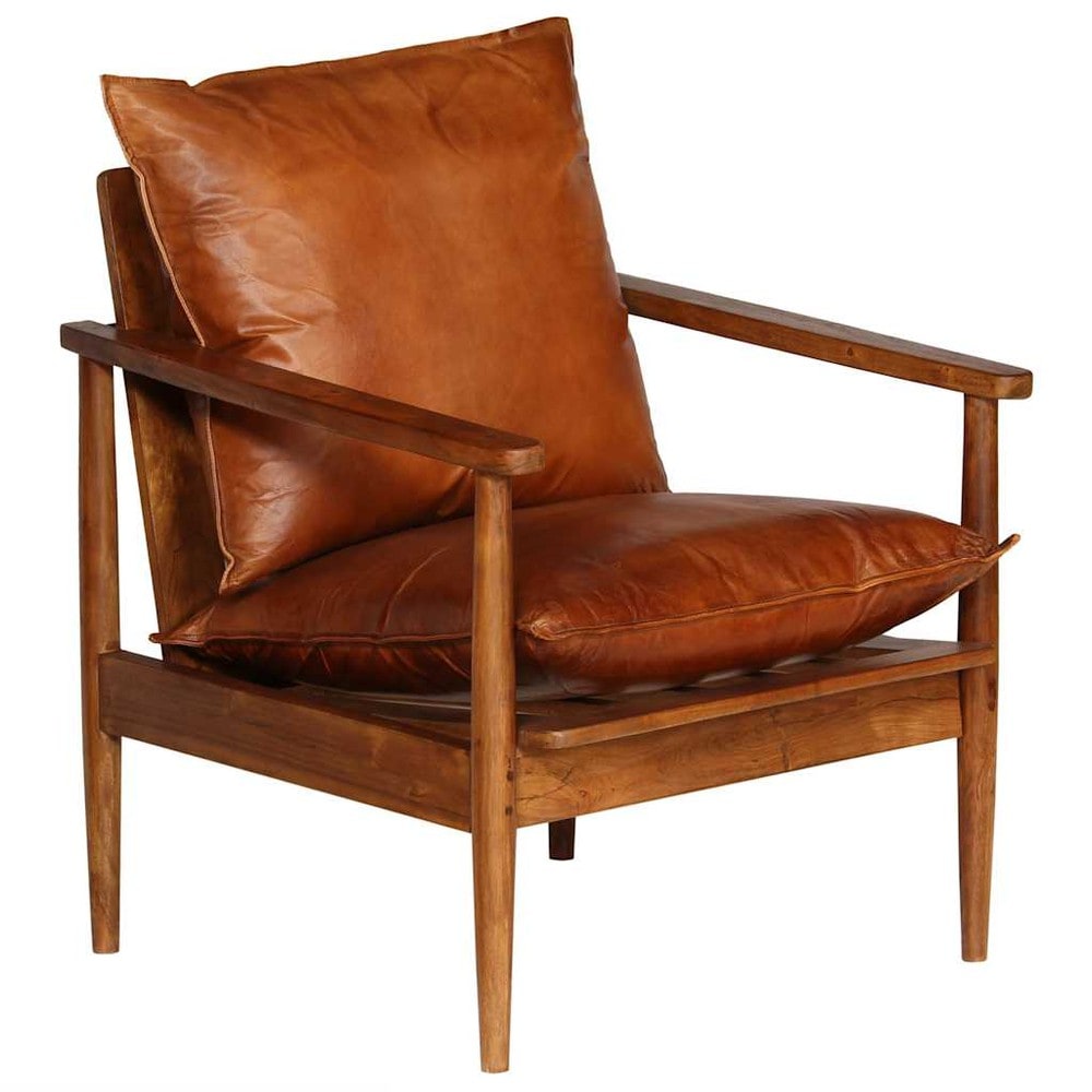 Nojatuoli aidosta nahasta ja akaasiapuusta 52×65×72 cm / retro nahkatuoli / lepotuoli – Ruskea