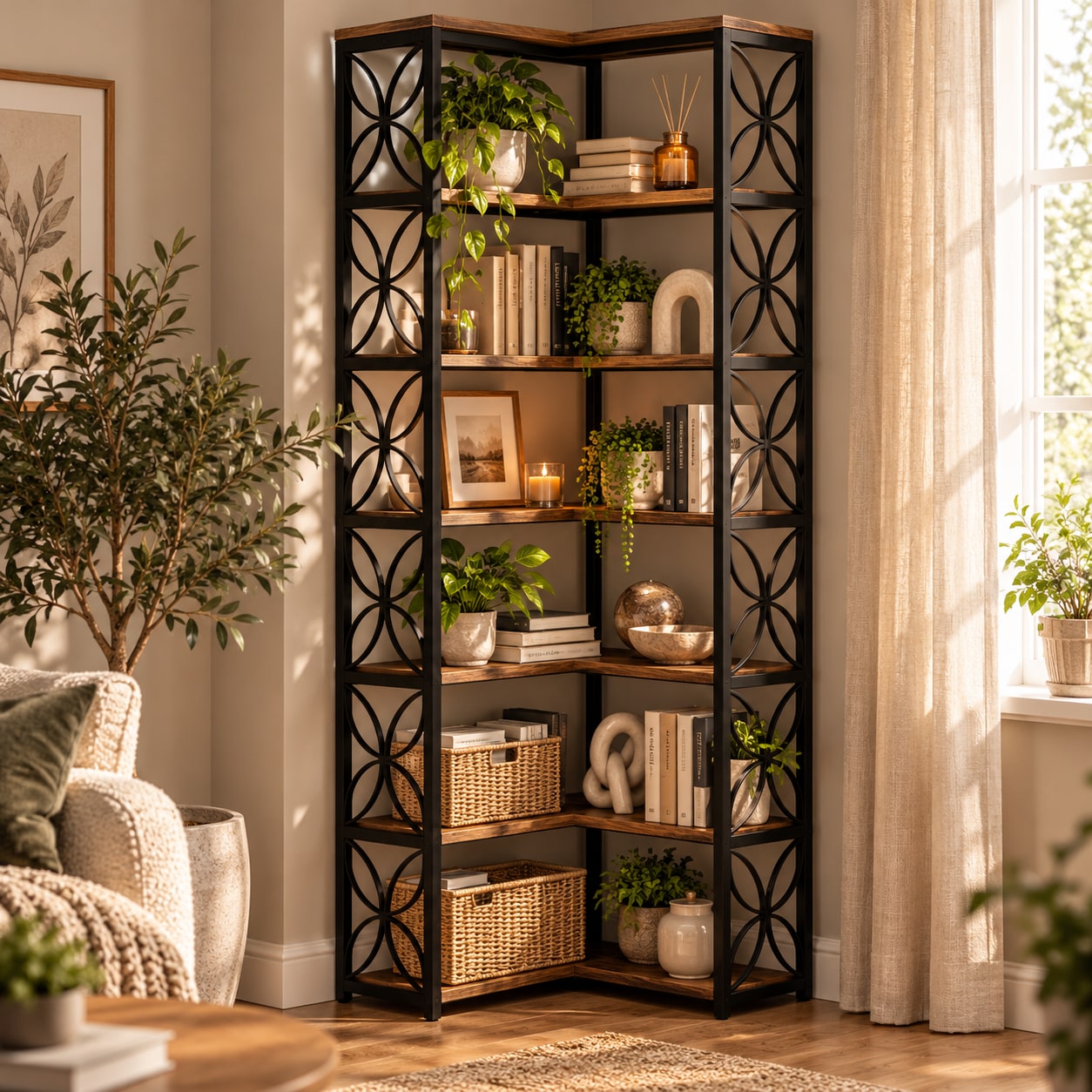 Kulmahylly 60×60×200 cm / kulmakirjahylly 7 hyllytasolla / säilytyshylly – Rustiikinruskea/musta