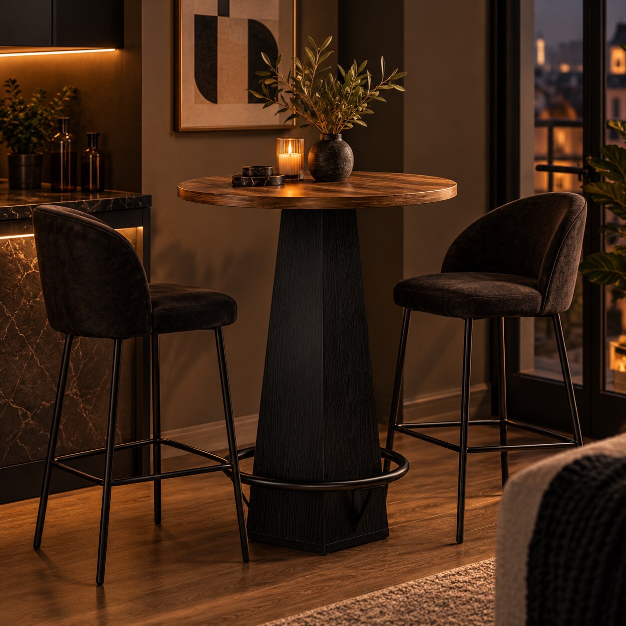 Pyöreä baaripöytä 2 hengelle, jalkatuki - Ruskea/Svart / Bistro-pöytä / Korkea cocktailpöytä