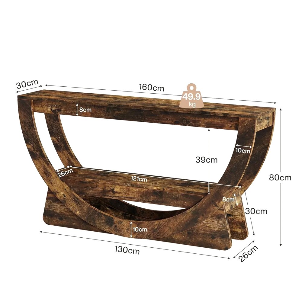 Konsolipöytä, 2 hyllytasoa ja kaareva muoto, 160 cm – Rustic brown / Kapea eteispöytä / Apupöytä