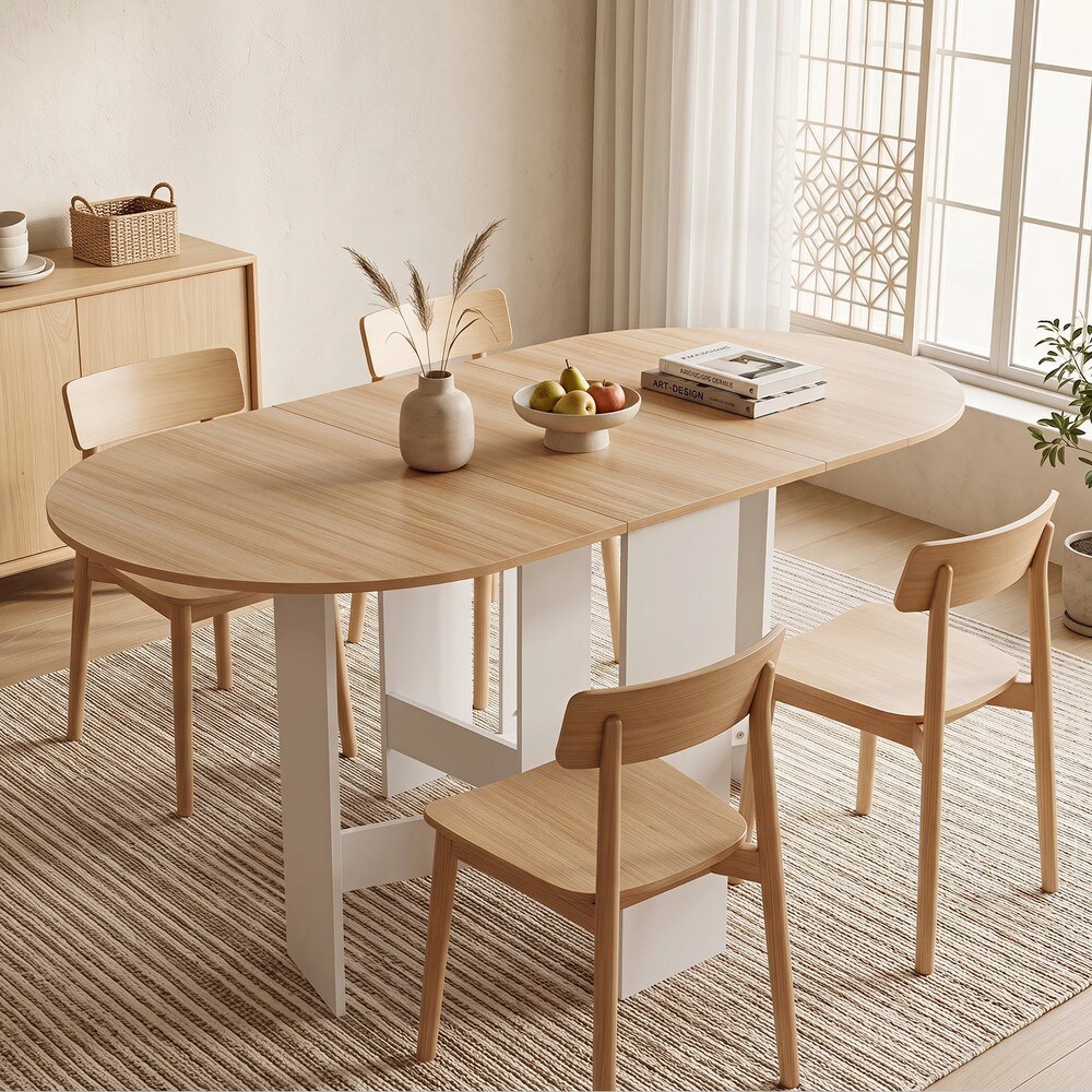 Taitettava soikea pöytä 4–7 hengelle, 163 x 80 cm – Luonnonvalkoinen / Taitettava pöytä / Kääntöpöytä