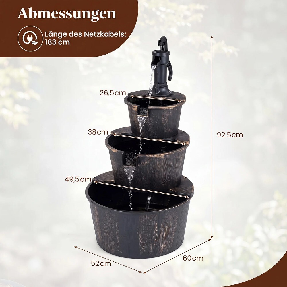3-tasoinen puutarhasuihkulähde pumpulla, puutynnyrin muotoinen / Vesiputoussuihkulähde / Koristesuihkulähde