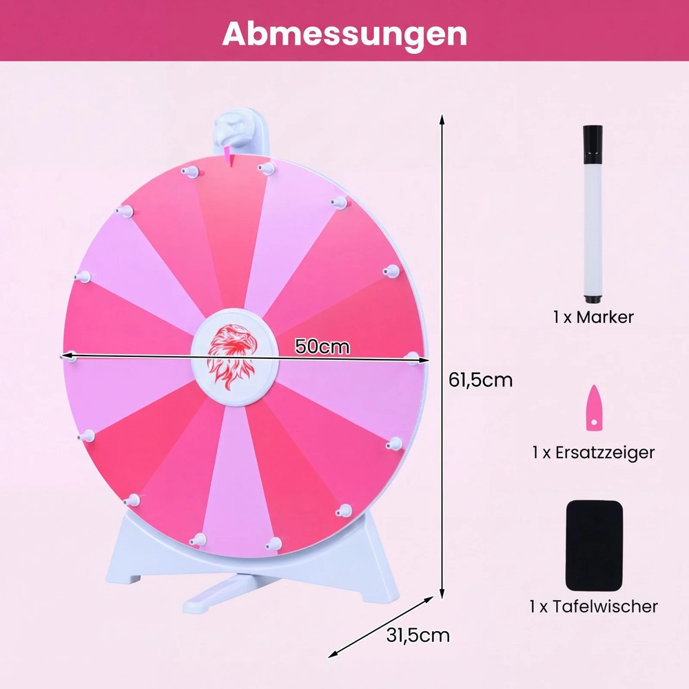 Onnenpyörä 50 cm, 14 kirjoitettavaa kenttää – Vaaleanpunainen / Juhlapalkintopyörä / Kirjoitettava pyörä