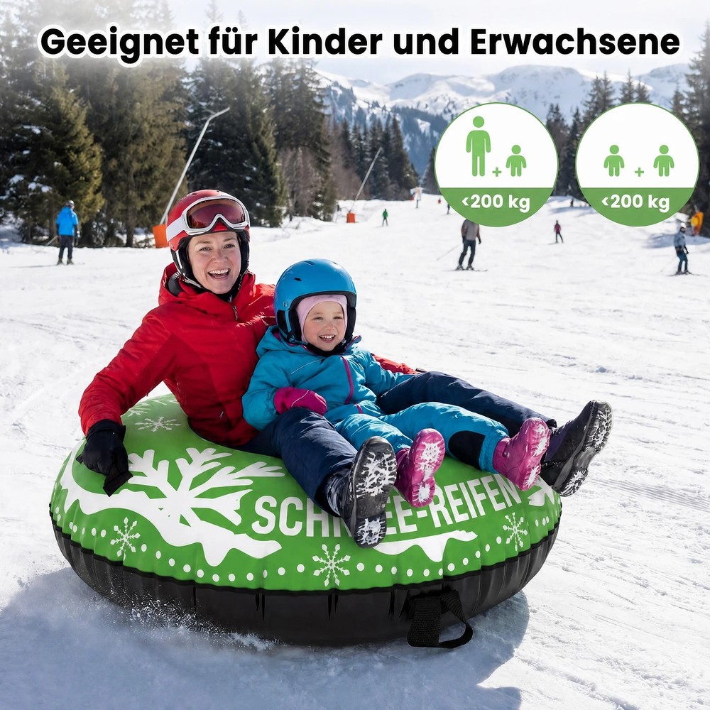 Ilmatäytteinen lumikelkka 107 cm, vetohihnalla – Vihreä / Snowtube kahvalla / Ilmatäytteinen lumirengas