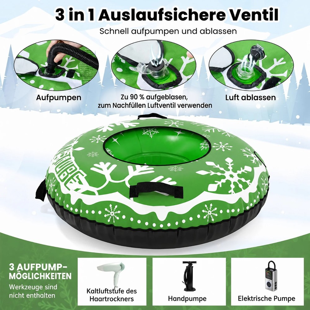 Ilmatäytteinen lumikelkka 107 cm, vetohihnalla – Vihreä / Snowtube kahvalla / Ilmatäytteinen lumirengas