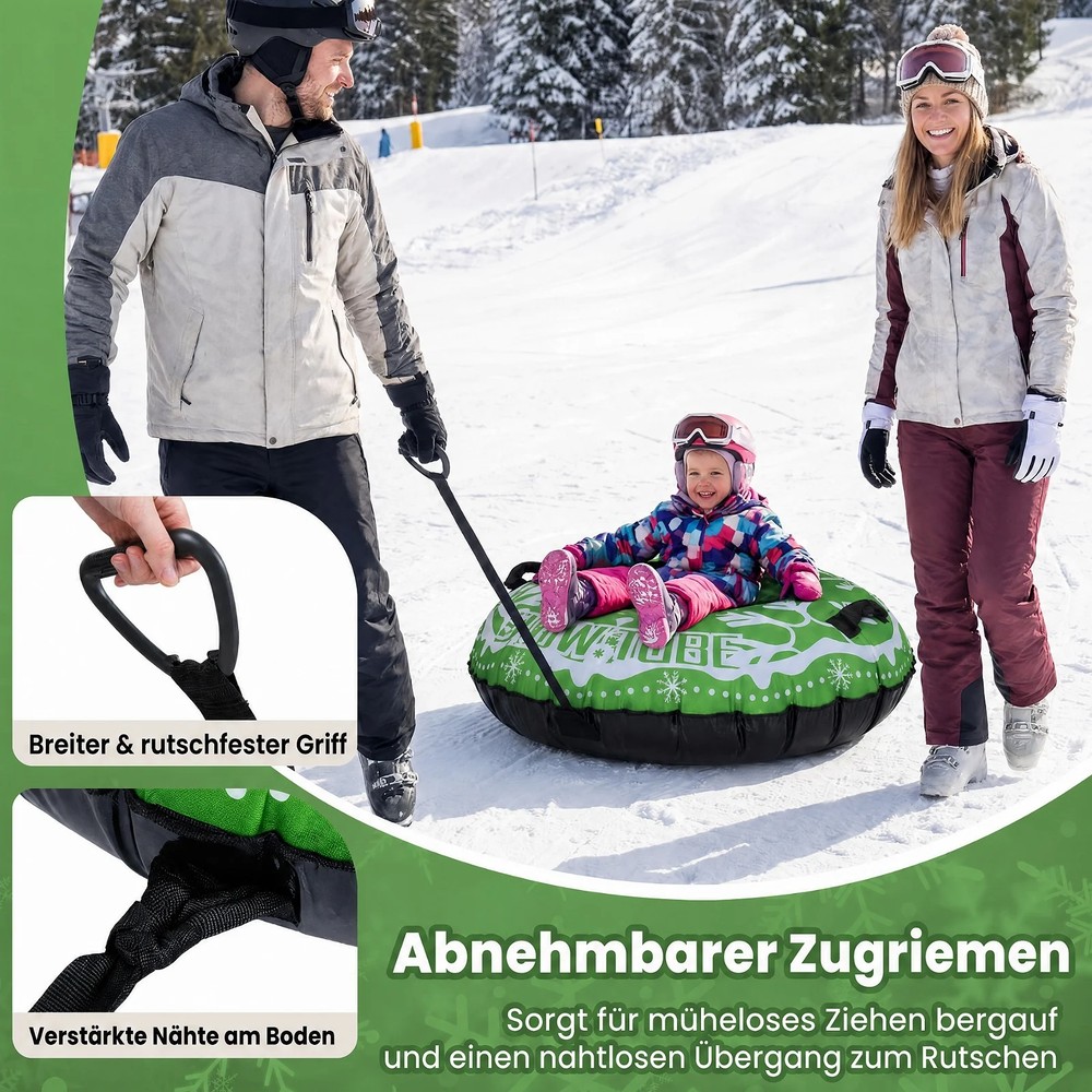 Ilmatäytteinen lumikelkka 107 cm, vetohihnalla – Vihreä / Snowtube kahvalla / Ilmatäytteinen lumirengas