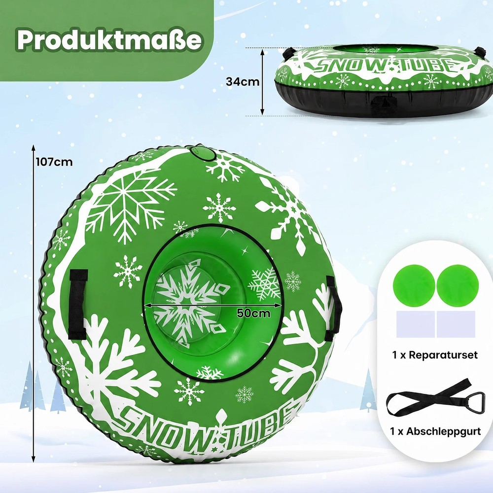 Ilmatäytteinen lumikelkka 107 cm, vetohihnalla – Vihreä / Snowtube kahvalla / Ilmatäytteinen lumirengas