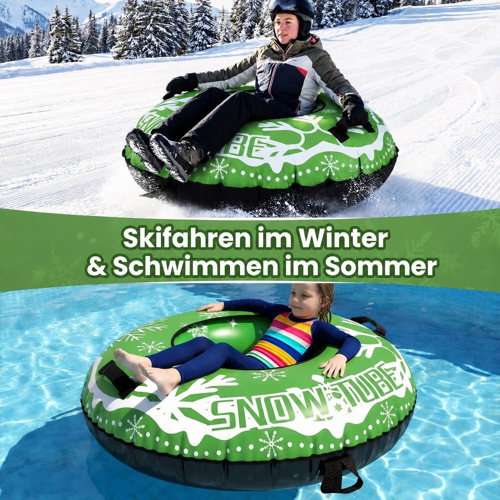 Ilmatäytteinen lumikelkka 107 cm, vetohihnalla – Vihreä / Snowtube kahvalla / Ilmatäytteinen lumirengas