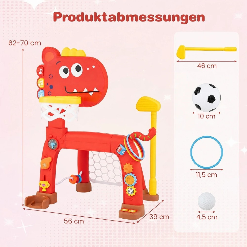 Pikkulapsille tarkoitettu koripallokori ja jalkapallomaali, jossa on dinosauruskuvioita – Punainen / Leikkikeskus / Urheilulelu