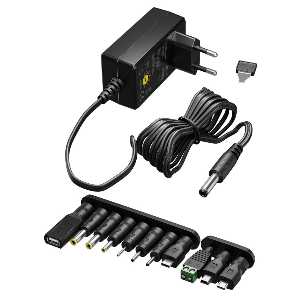 Yleiskäyttöinen virtasovitin 3–12 V, 12 W, 11 sovitinta