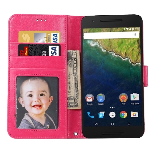 Flip kotelo magneettisulkijalla / Korttipaikoilla & Hihnalla Google Nexus 6P - Pinkki