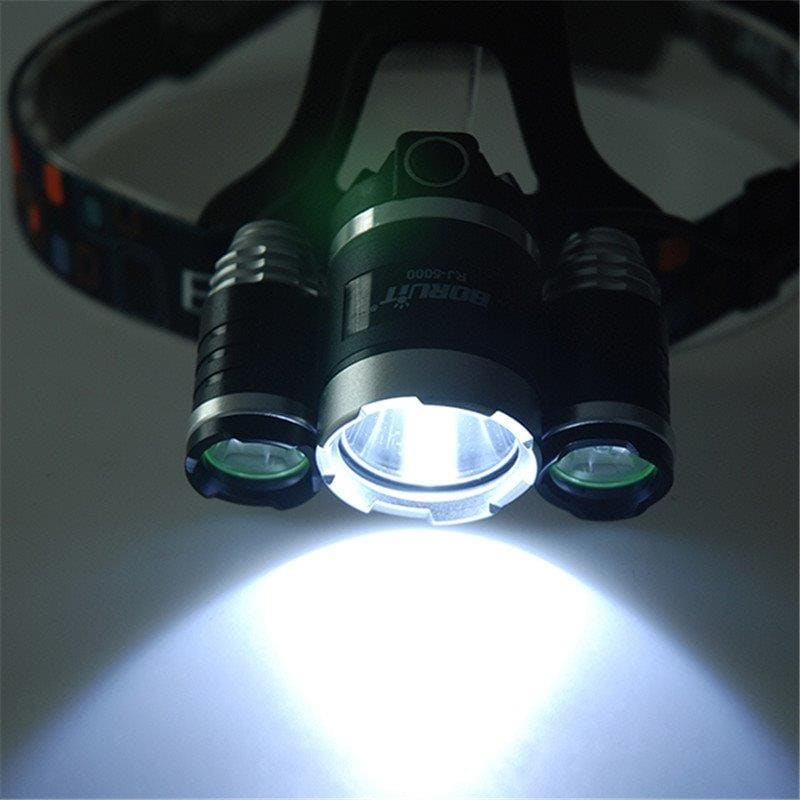 Ladattava LED Otsalamppu - 3xCREE Sininen & Valkoinen valo 1000LM