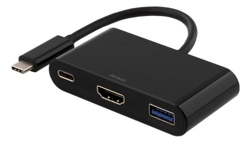 DELTACO USB-C - HDMI ja USB Tyyppi A adapteri