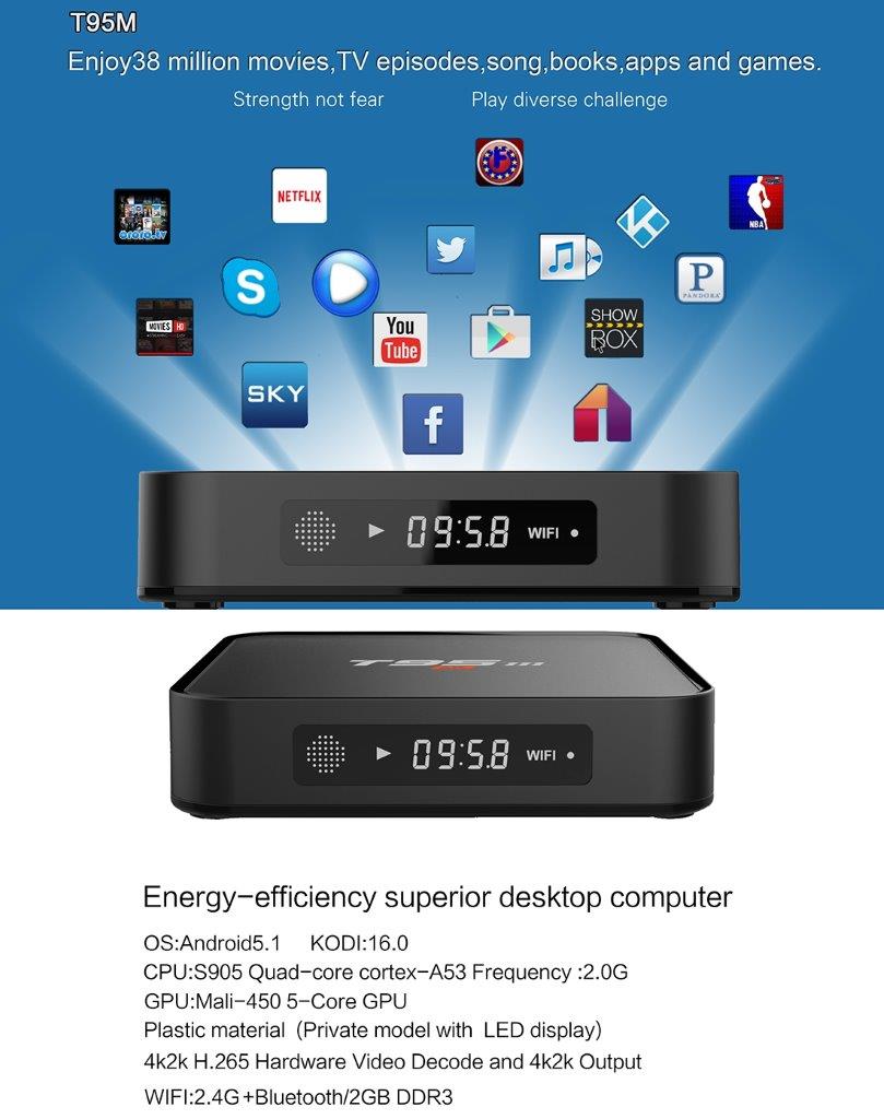 T95M 4Kx2K UHD Smart Android 5.1 TV BOX Player LED-näytöllä
