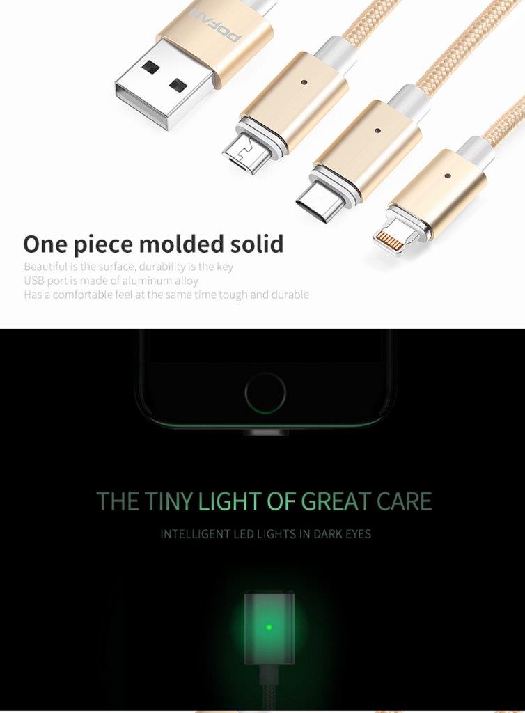 Kätevä Magneettinen usb-latauskaapeli LED - Micro usb / iPhone / Usb Tyyppi C, 1m