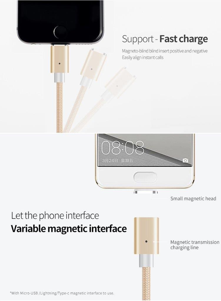 Kätevä Magneettinen usb-latauskaapeli LED - Micro usb / iPhone / Usb Tyyppi C, 1m