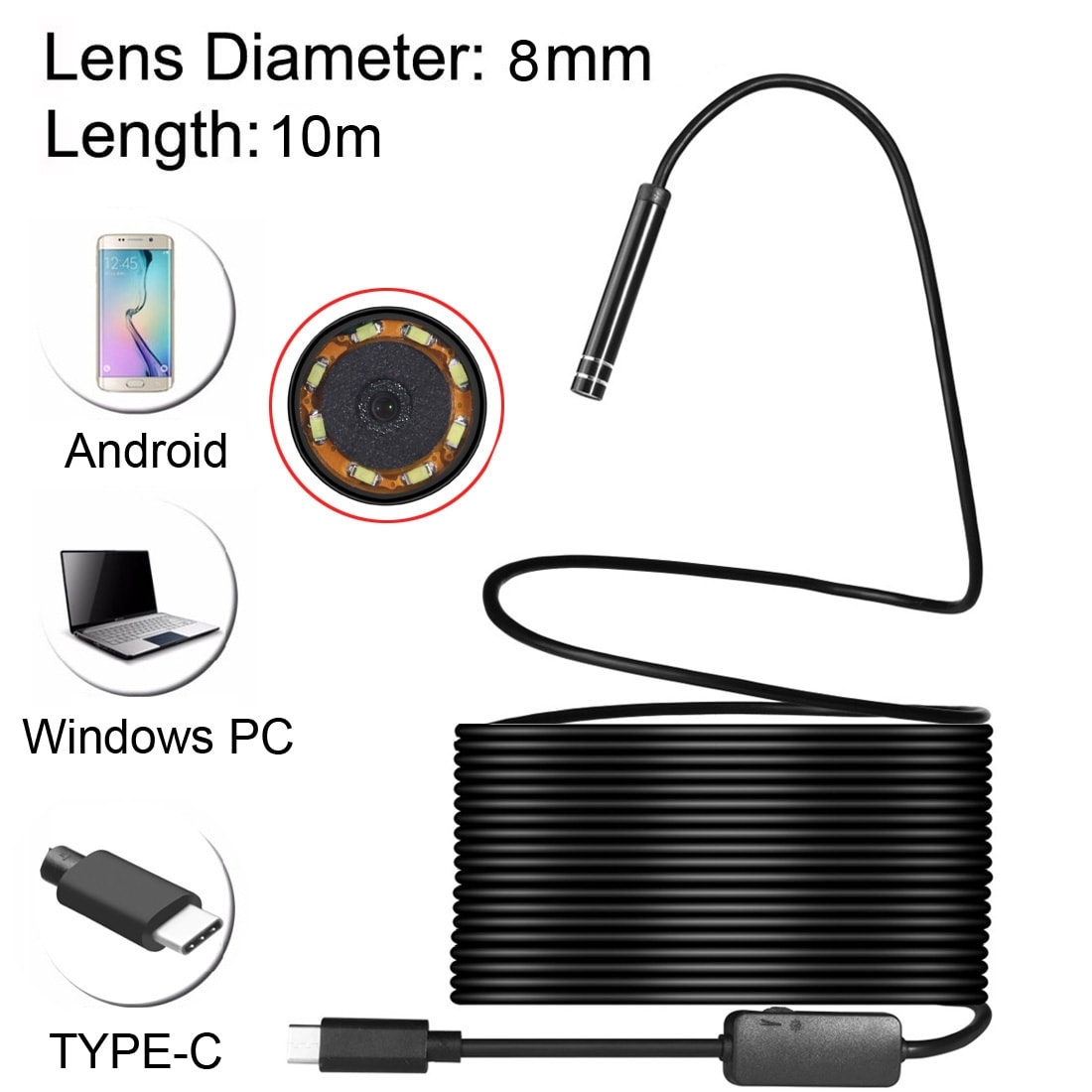 Tarkastuskamera USB Tyyppi-C, 8 LED & USB-sovitin - 10 metriä / 8mm