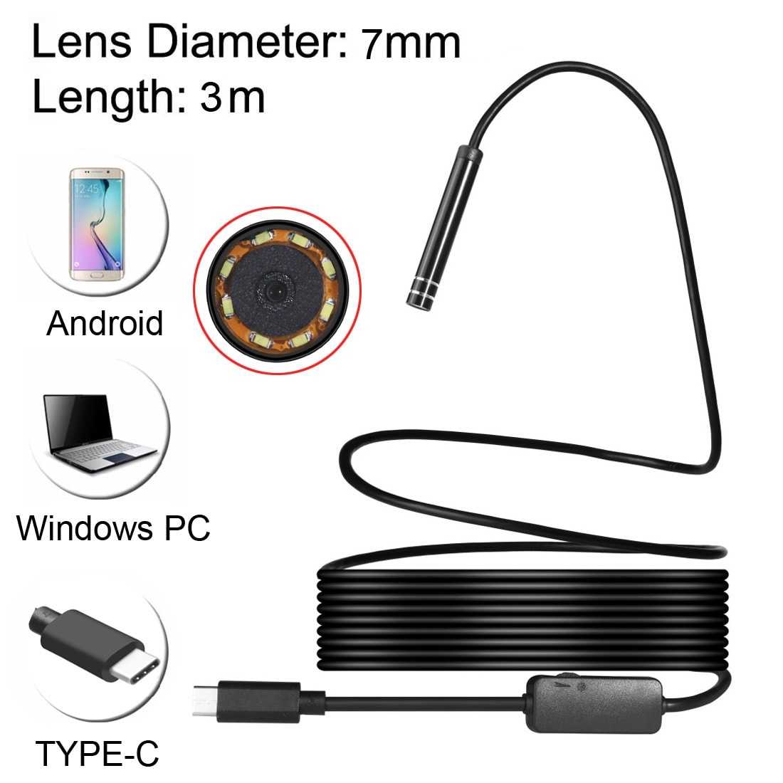 Tarkastuskamera USB Tyyppi-C  6 LED & USB Sovitin - 3 metriä / 7mm