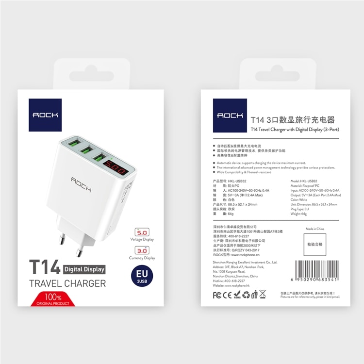 ROCK T14 3-Port USB-Laturi LED-näyttö 3A