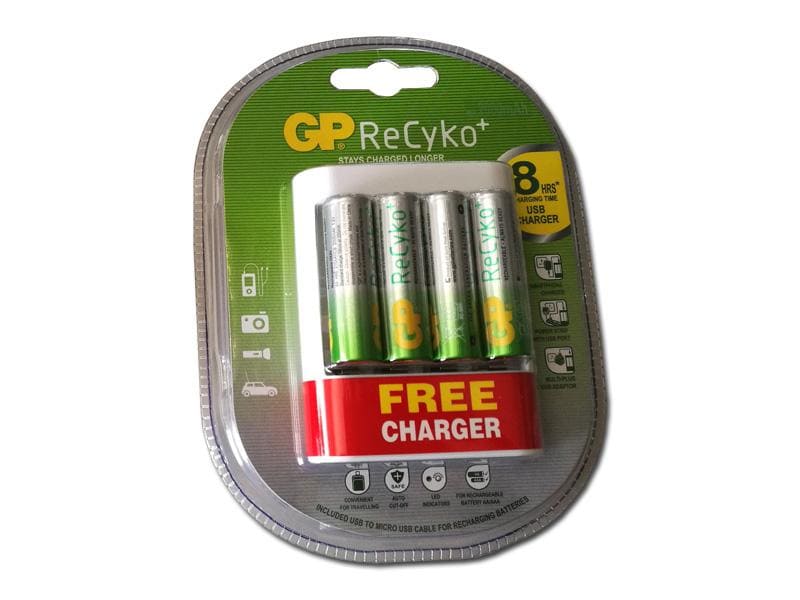 GP ReCyko USB laturi + 4 AA akkua (2000mAh)