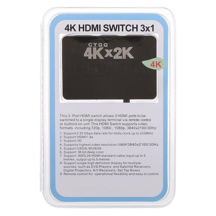 4K 3 Porttinen HDMI-kytkin kaukosäätimellä