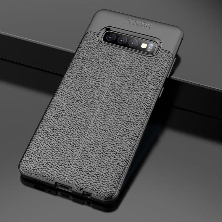 TPU Kuori nahka ulkoasulla Musta Samsung Galaxy S10+ mallille