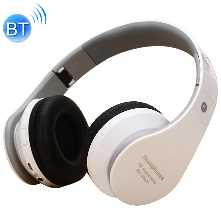 Valkoinen headset, jossa paikka TF-korttille ja 3.5mm Aux-liitännälle- Yhteensopivuus MP3 ja FM-radio