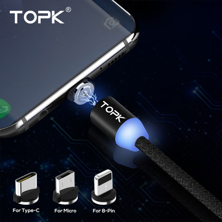 LED TOPK 1m 2.1A Latauskaapeli iPhone & Usb Tyyppi-C & Micro-usb