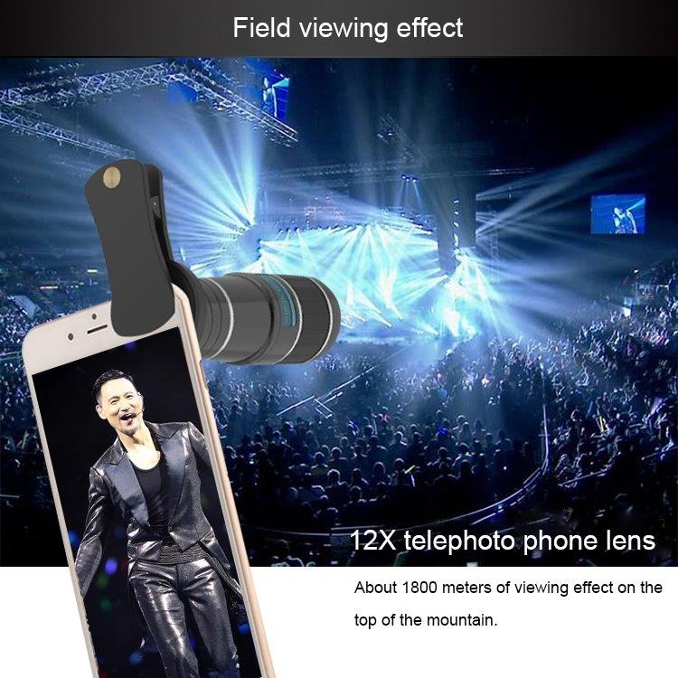Teleobjektiivi 12X optisella zoomilla, jossa klipsi matkapuhelimille