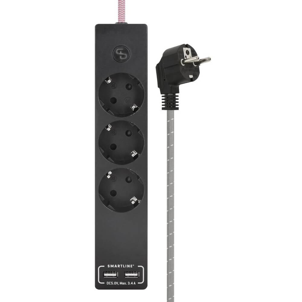 SMARTLINE Haaroituspistorasia 3-osainen 2x USB 3A Musta Tekstiilikaapeli Musta/Valkoinen