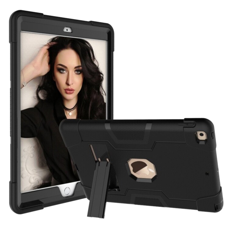 iPad 10.2 kuori kestävää Silikonia + PC-muovia jalustalla - Musta