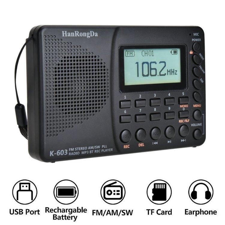 K-603-kannettava FM / AM / SW Stereoradio, jossa Bluetooth ja TF-kortti, musta