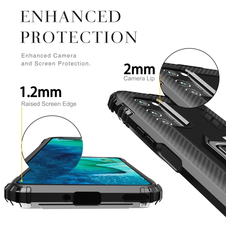 Shockproof Carbon Fiber kuori rengaspidikkeellä Huawei Honor V30 Pro, Musta