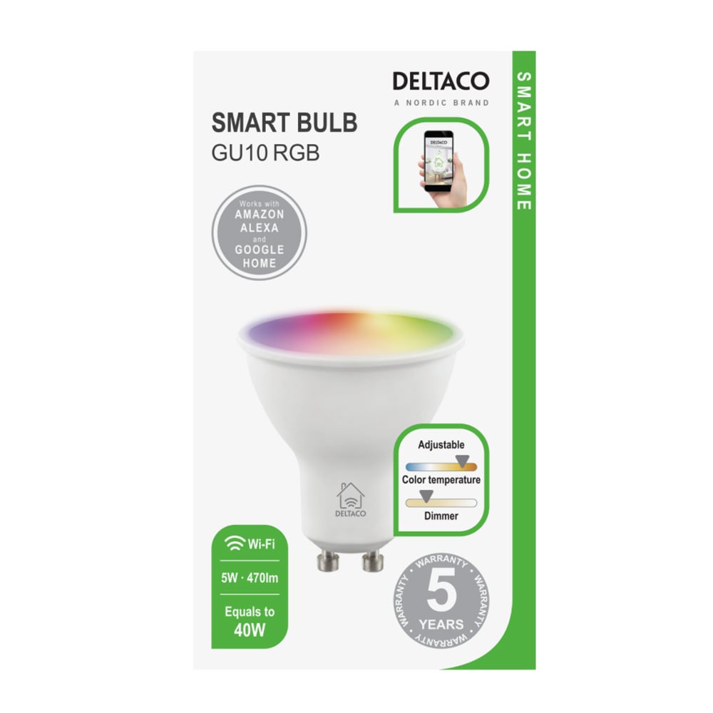 Deltaco Smart Home LED-älylamppu, GU10, WiFI, himmennettävä RGB