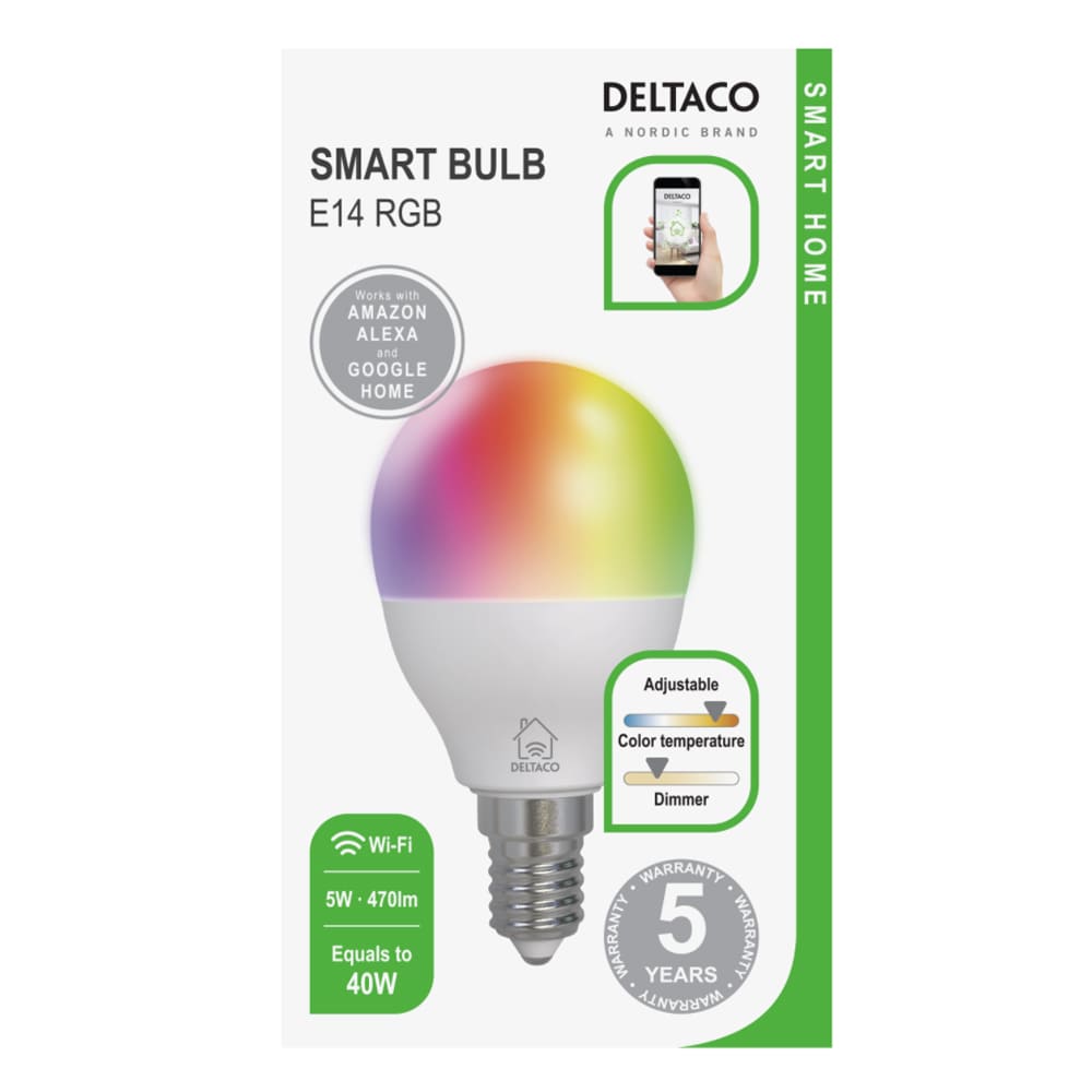 Deltaco Smart Home LED-älylamppu, E14, WiFI, himmennettävä RGB