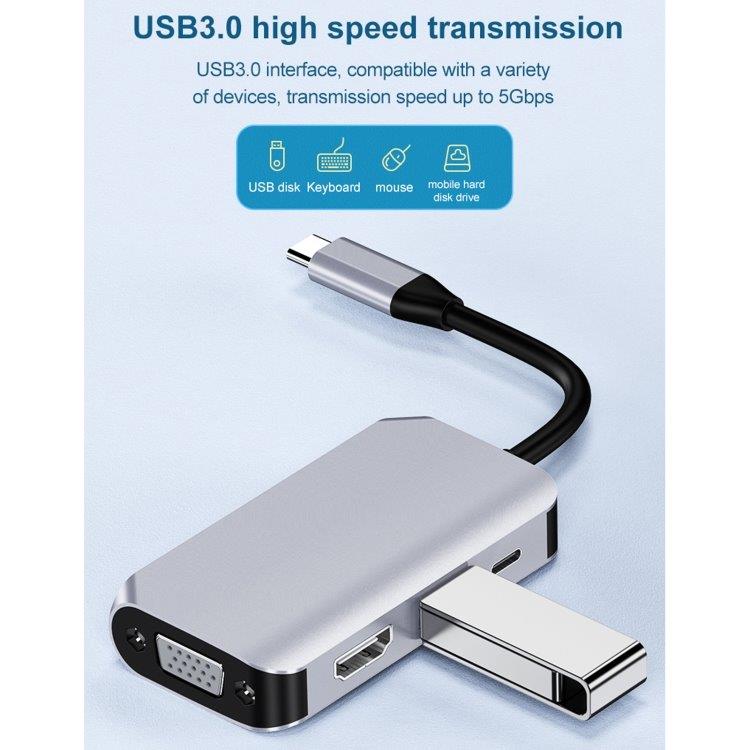 4-in-1-sovitin USB-C - HDMI + VGA + USB 3.0 + PD-portti