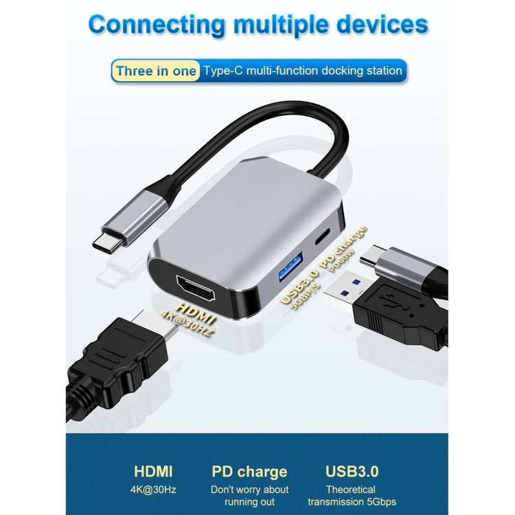 3-in-1-sovitin USB-C - USB 3.0 + HDMI + PD-portti