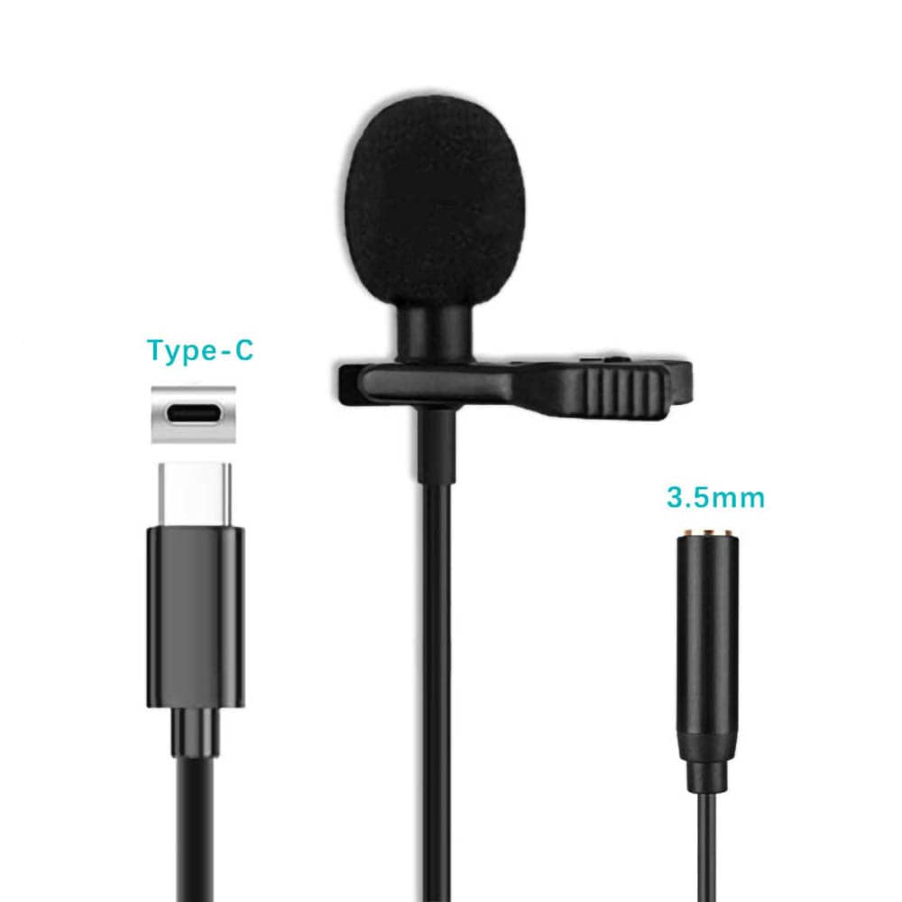 Mikrofoni klipsillä, USB-C-liitännällä ja kuulokeliitännällä 3,5 mm