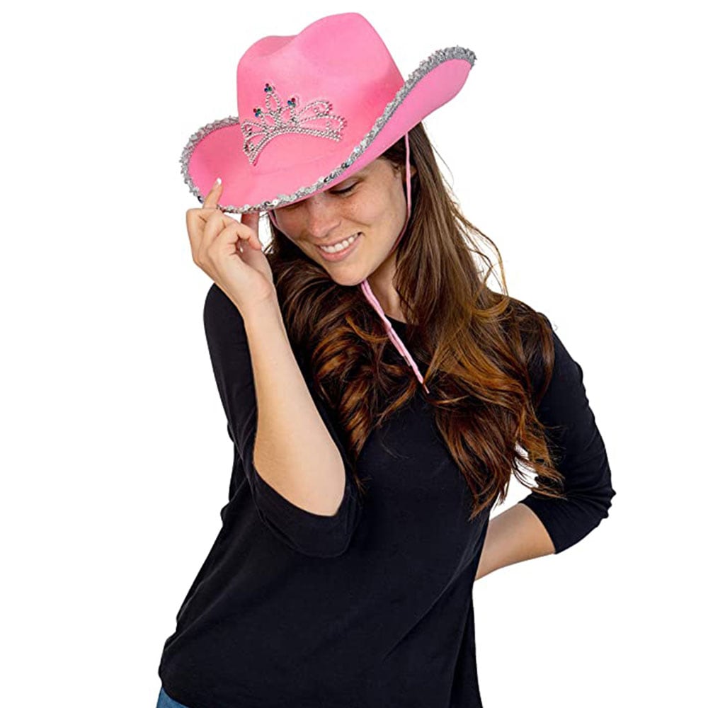 Vaaleanpunainen cowboy-hattu paljeteilla