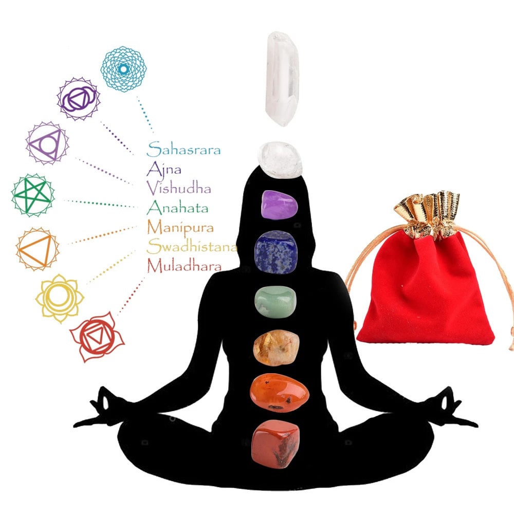 Chakrakivisetti / kristallipakkaus 7 chakrakristallilla / luonnonkivet kangaspussissa meditaatioon