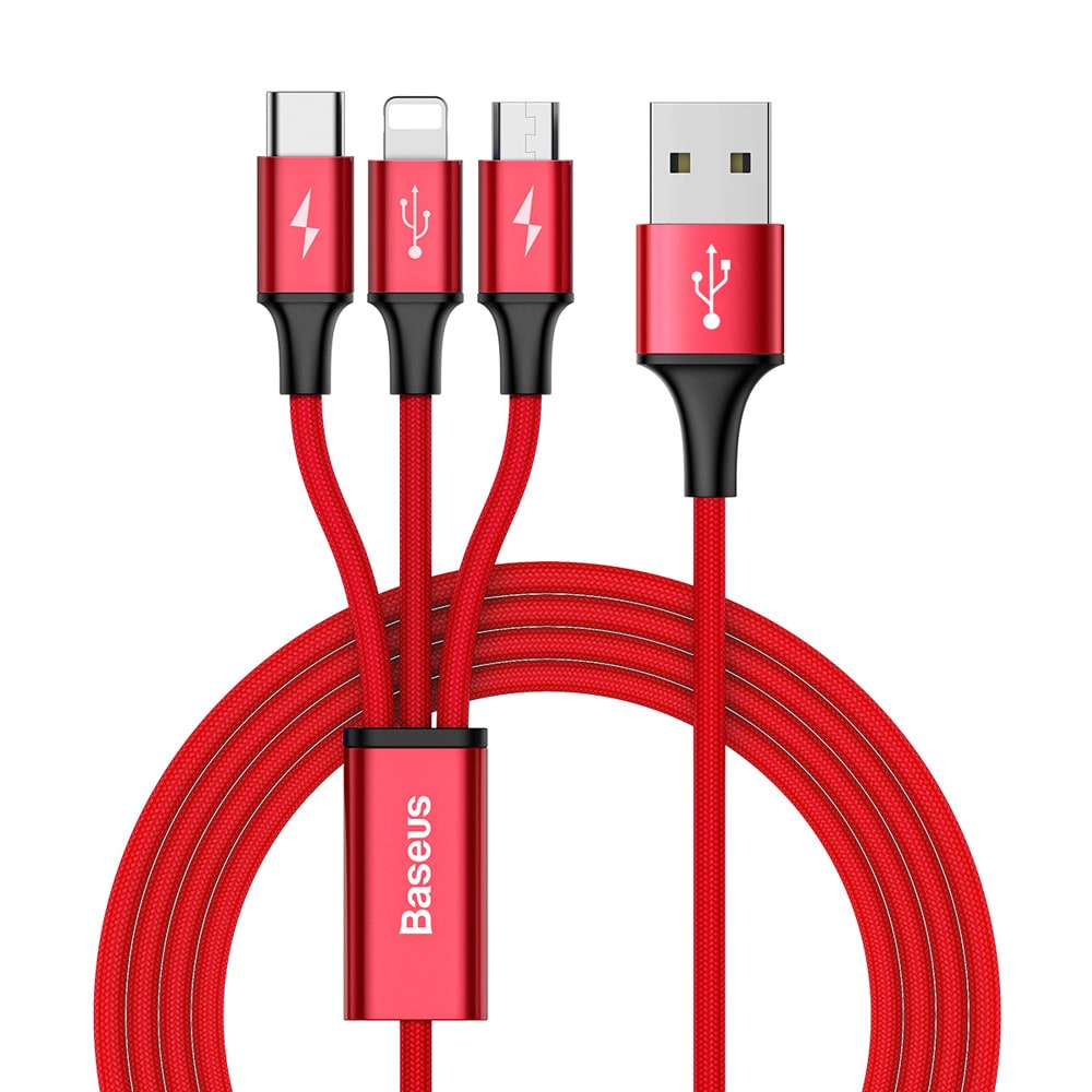 Baseus 3in1 Rapid USB-kaapeli 3A 1,2m Punainen