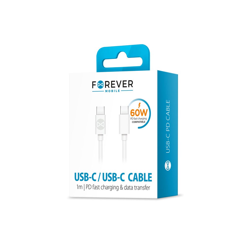 Forever USB-C- USB-C-kaapeli 1m 3A - Valkoinen