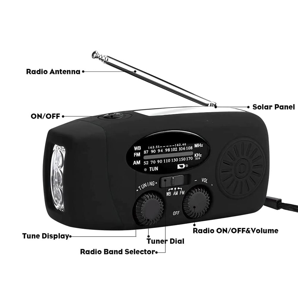 Hätäradio / Kampiradio dynamo käsikammella ja aurinkopaneelilla