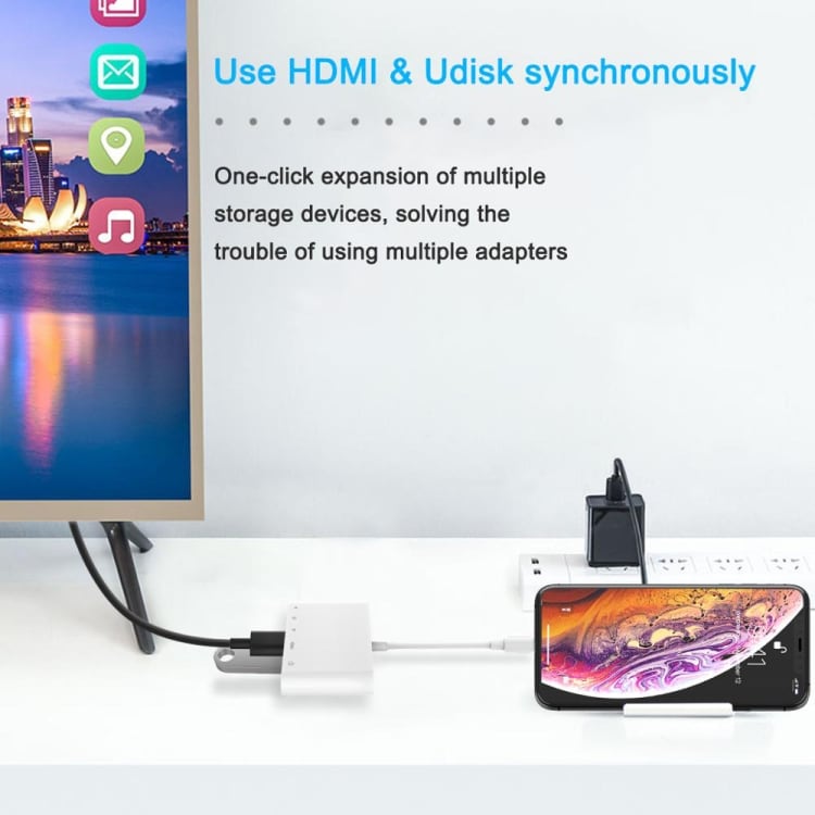 iPhone-sovitin USB + HDMI + TF / SD-kortille