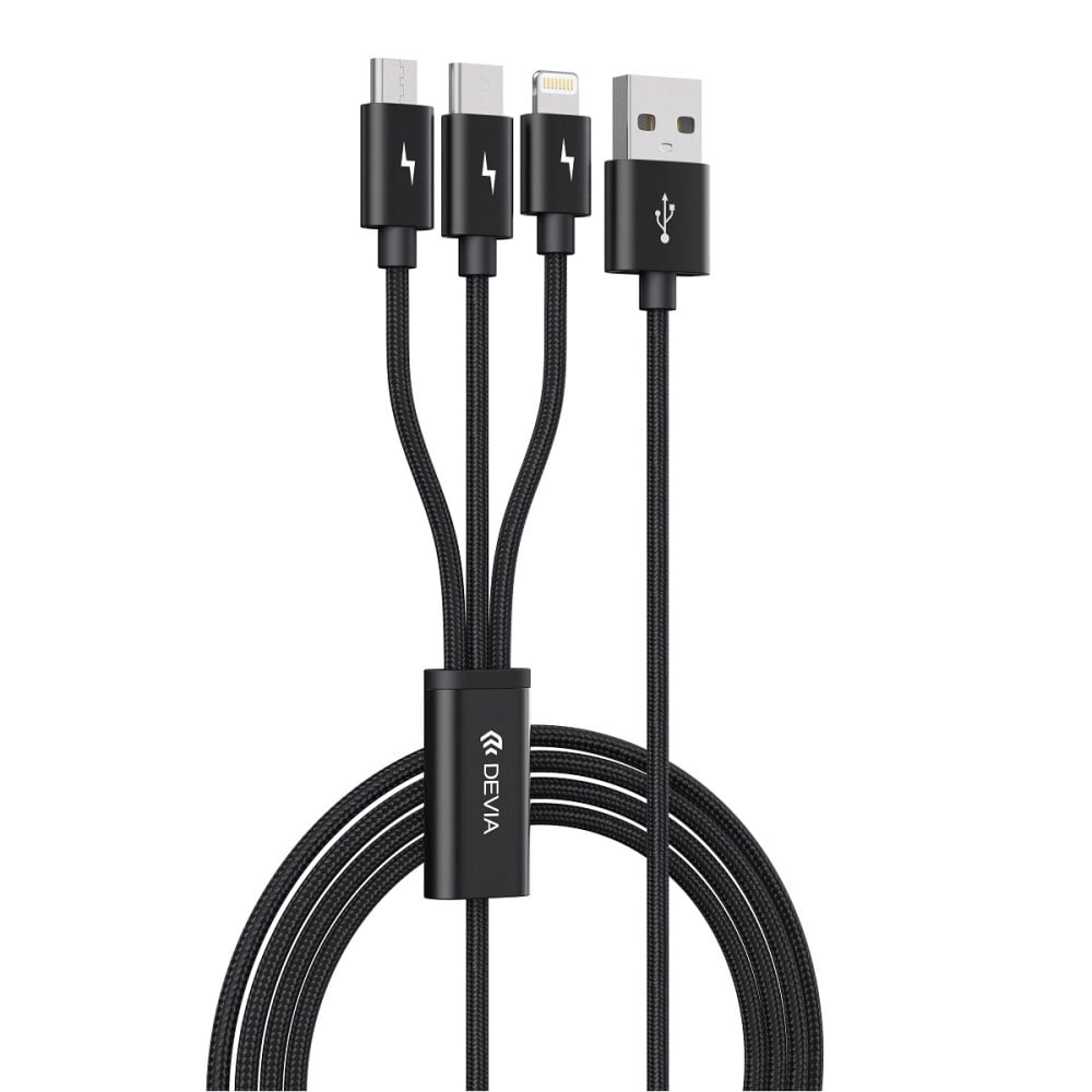 Devia 3in1 USB - Lightning + USB-C + microUSB 1,2 m 3A - Musta